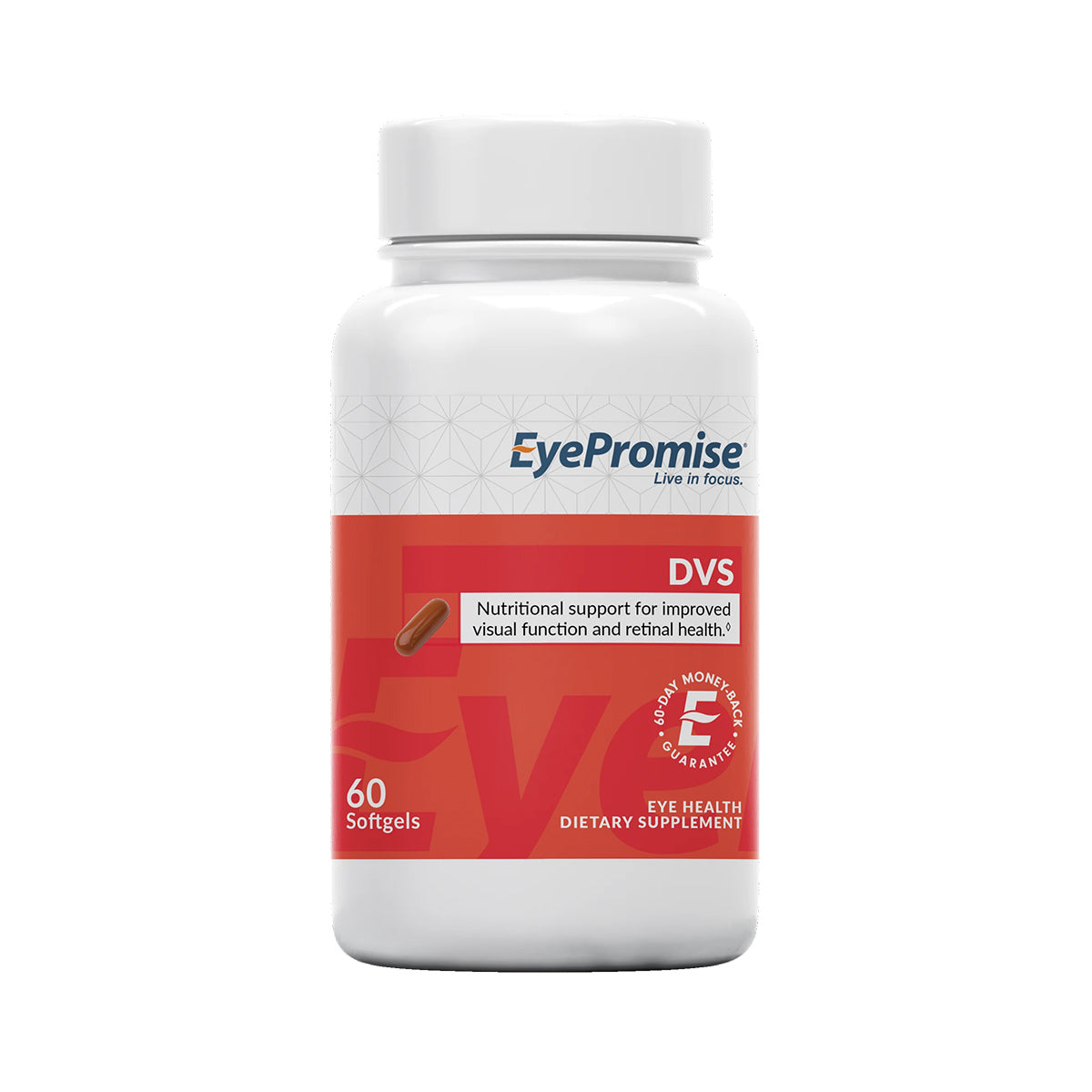 The EyePromise DVS Eye Vitamin comes in a white bottle with a red label and an eye health guarantee badge. It includes 60 softgels designed for vision support, providing essential vitamins for visual function and retinal health, especially for diabetic retinopathy.