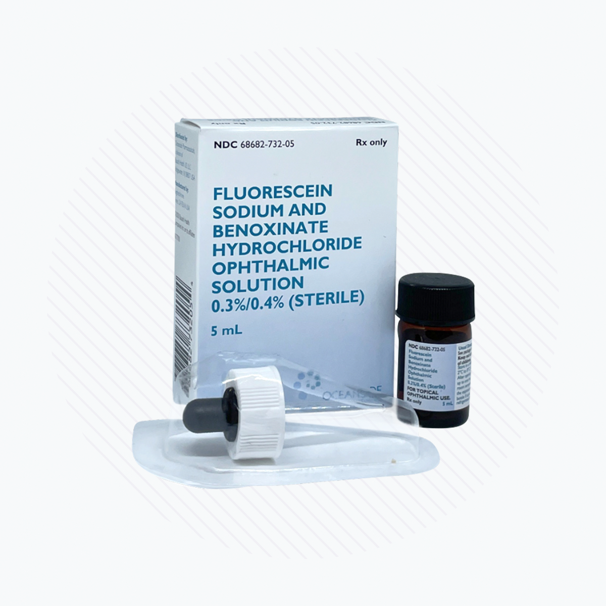 Bausch & Lombs Fluorescein Sodium 0.3% and Benoxinate Hydrochloride features a sterile, anesthetic ophthalmic solution in a convenient dropper. The box is white with blue text, containing a small, dark bottle and includes cold shipping.