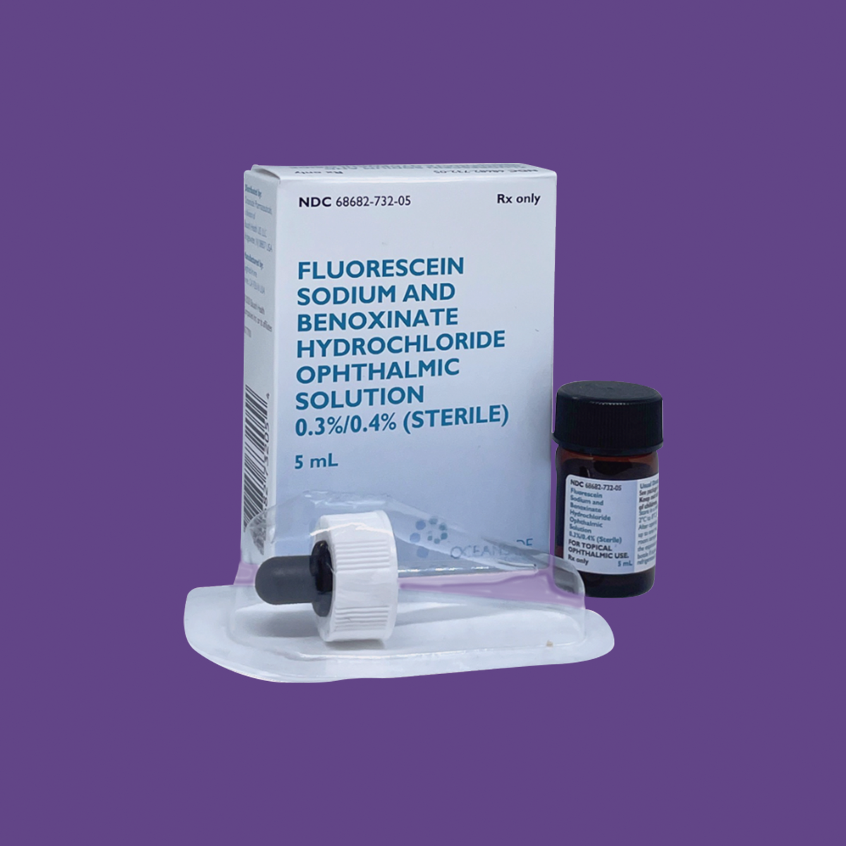 A medical package labeled Bausch & Lomb Fluorescein Sodium 0.3% and Benoxinate Hydrochloride (5mL) Cold Ship Included features an anesthetic eye drop in a clear bottle with a white cap, accompanied by a small brown bottle, set against a purple background.