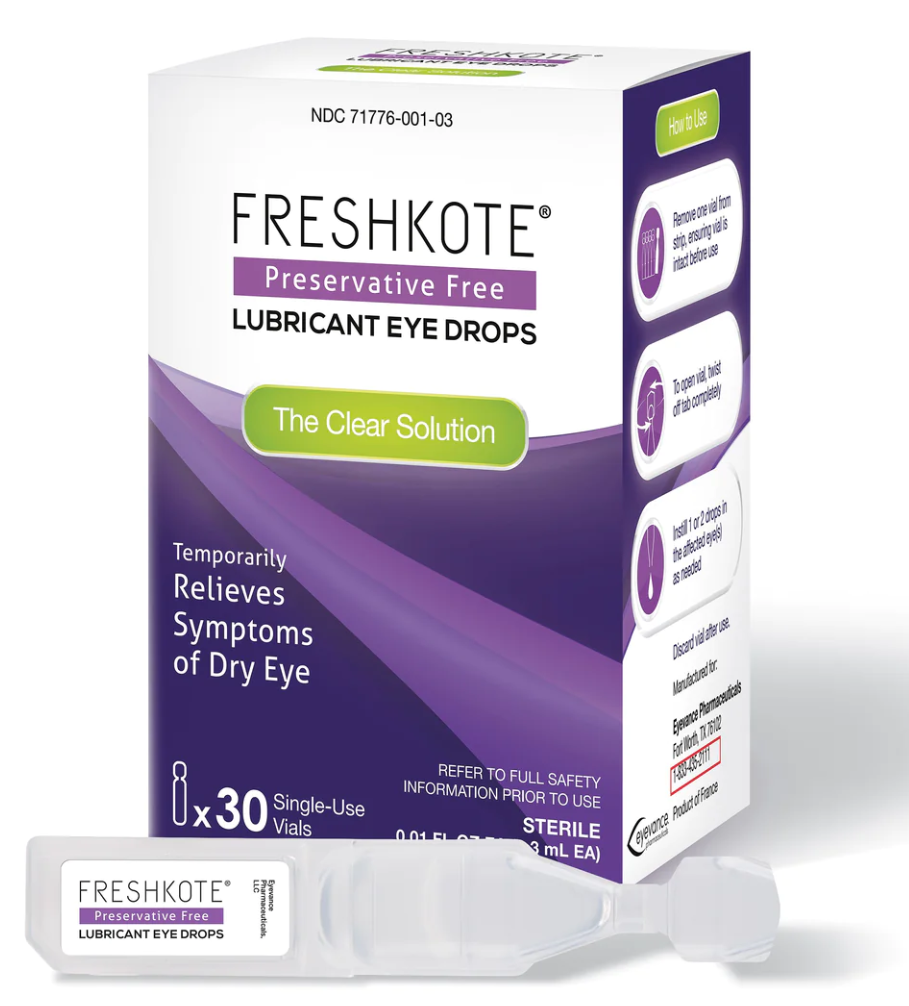 Box of Harrow Healths Freshkote (PF) Preservative Free Eye Drops with a single-use vial displayed. The packaging, in white and purple with green accents, emphasizes benefits like temporary dry eye relief suitable for contact lens users, branding it as The Clear Solution.