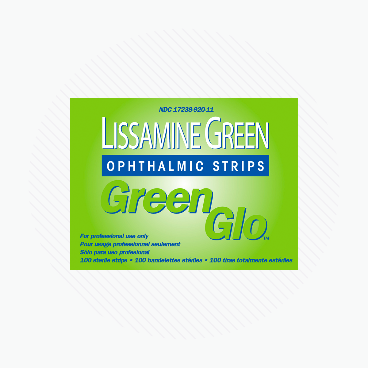 Image of a Green Glo Lissamine Green Ophthalmic Strips box by Lacrivera against a vivid green backdrop. The packaging states 100 sterile strips for professional cornea staining, with instructions in English, French, and Spanish.