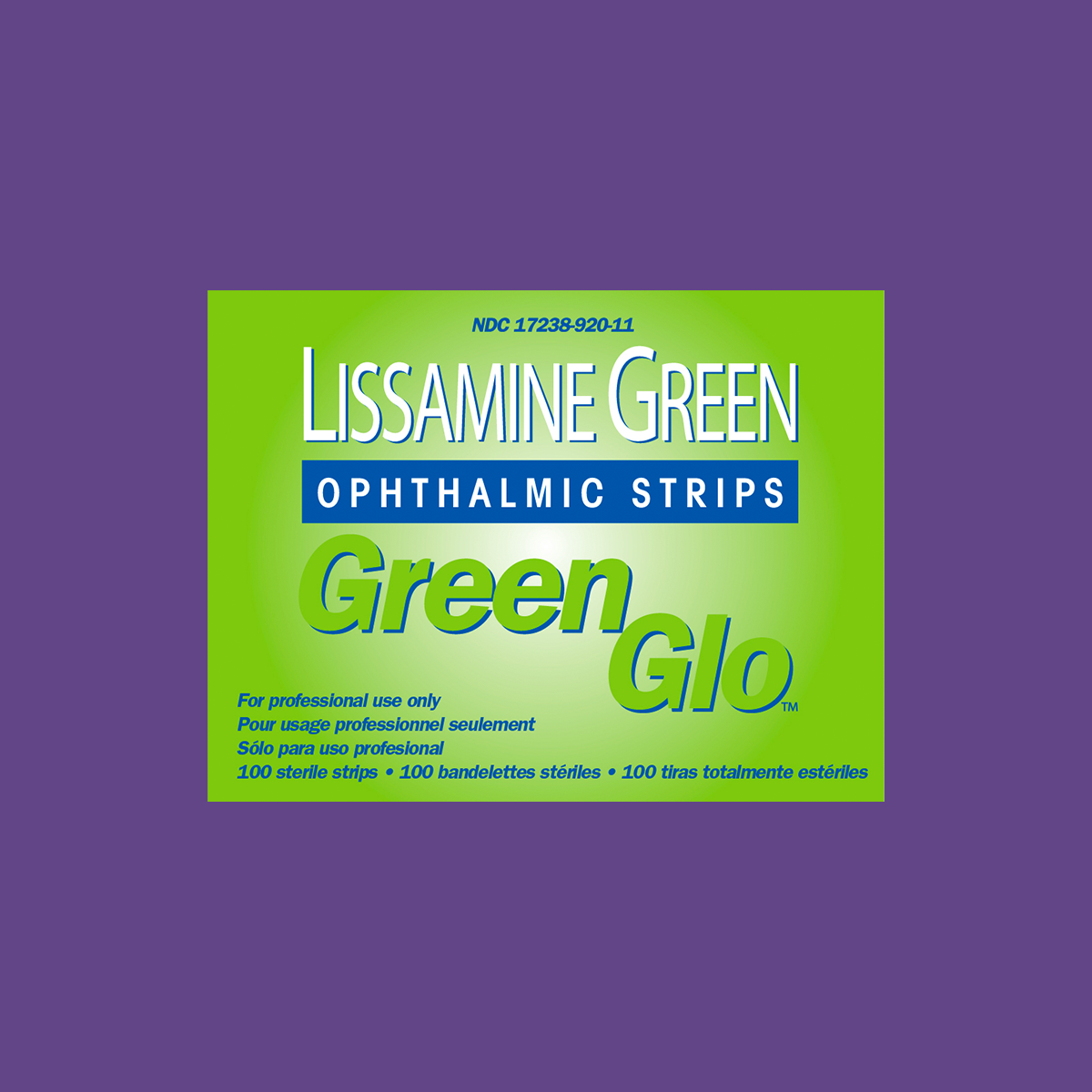 Lacriveras Green Glo Lissamine Green Ophthalmic Strips for cornea staining are packaged with a light-to-dark green gradient on a purple square backdrop. Labels appear in English, French, Spanish, and Portuguese.