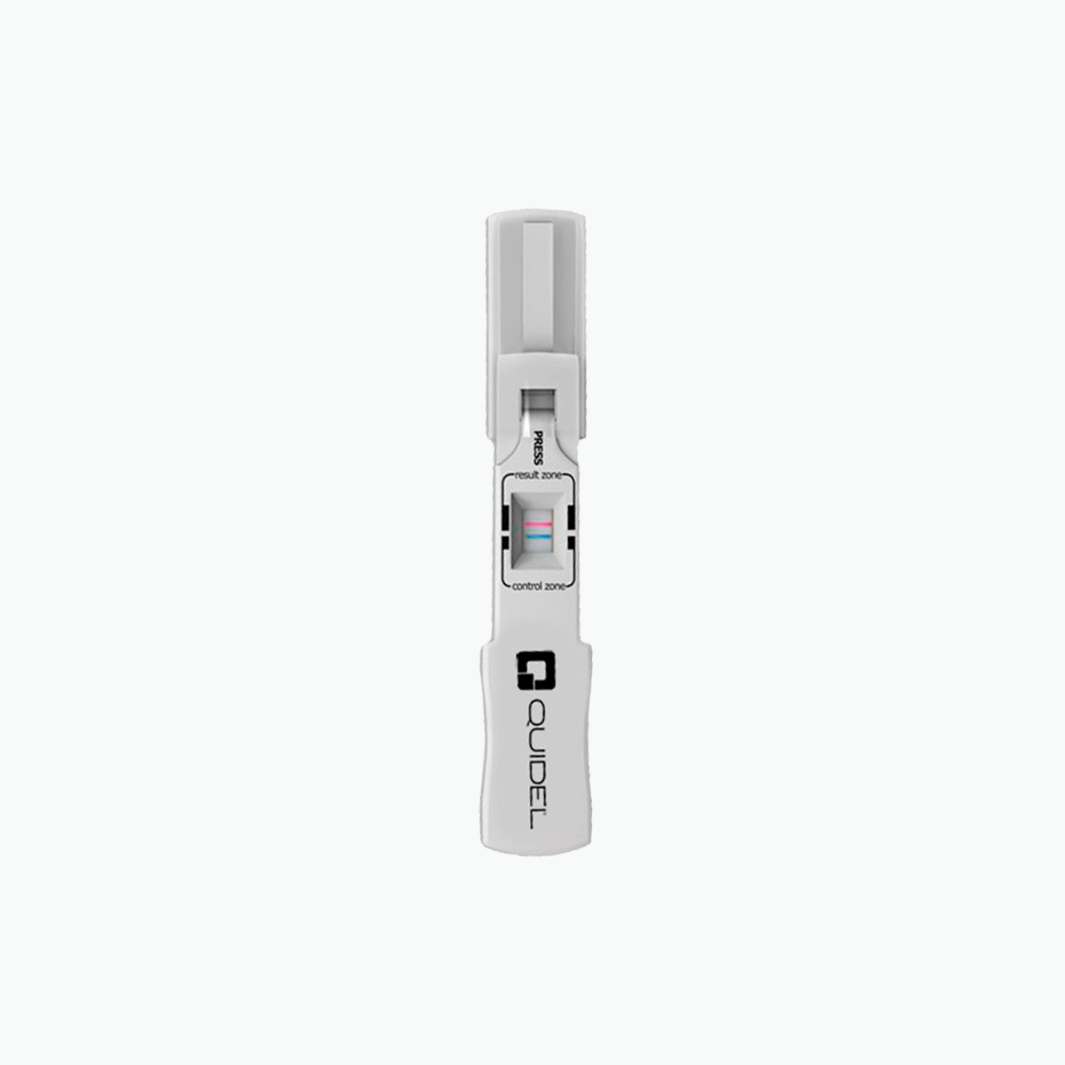 The Quidel QuickVue at-home COVID-19 test resembles the InflammaDry MMP-9 test for dry eye diagnosis. Featuring a rectangular display with control and test lines, indicating a positive result, and a branded handle.