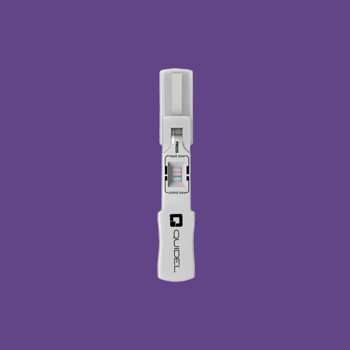 A white Quidel InflammaDry MMP-9 Testing device against a purple backdrop; dark lines are visible through a small window on the test strip, indicating results for dry eye diagnosis.