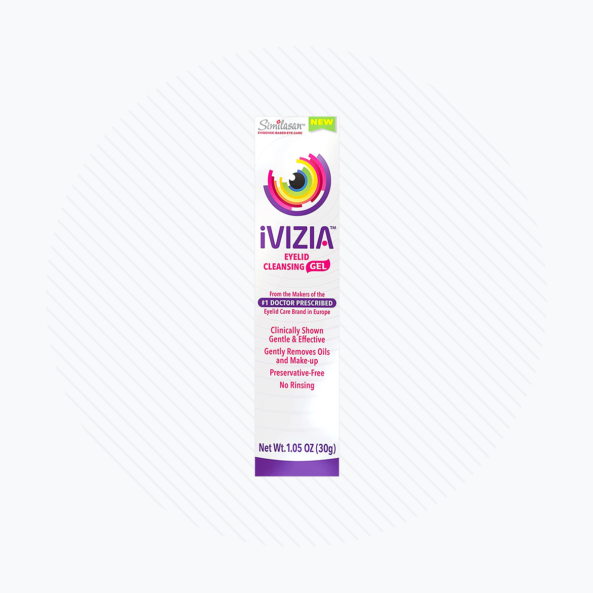 Image of Theas iVIZIA Eyelid Cleansing Gel package, a gentle, preservative-free makeup remover designed for sensitive eyelids. The white and purple packaging showcases colorful branding. This ophthalmologically tested product effectively cleanses without rinsing. Net weight: 1.05 oz.