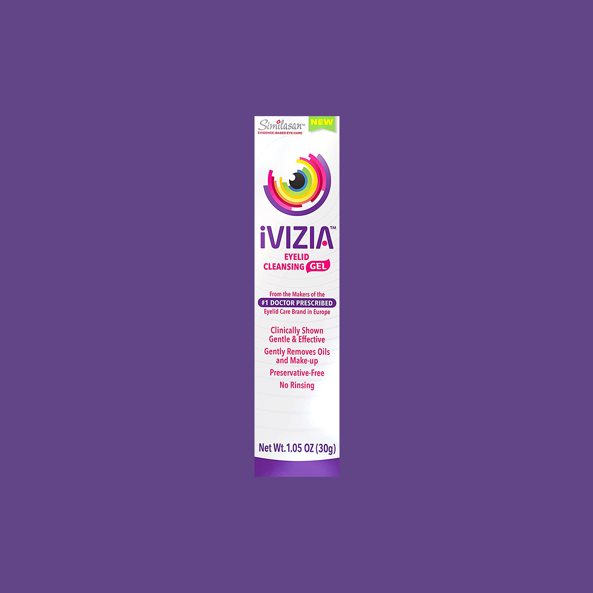 The image showcases a box of iVIZIA Eyelid Cleansing Gel by Thea, set against a purple background. Ophthalmologically tested for sensitive eyelids, this preservative-free gel gently removes oils and makeup without the need to rinse, promoting excellent eyelid hygiene. Net weight: 1.05 oz (30g).