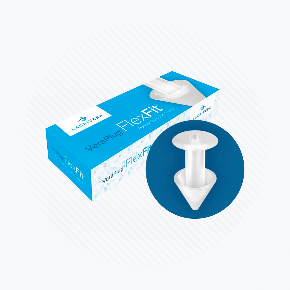 A blue and white box labeled Lacrivera VeraPlug FlexFit featuring a silicone cone-shaped plug for patient comfort is depicted, with a detail of the plug against a blue background.