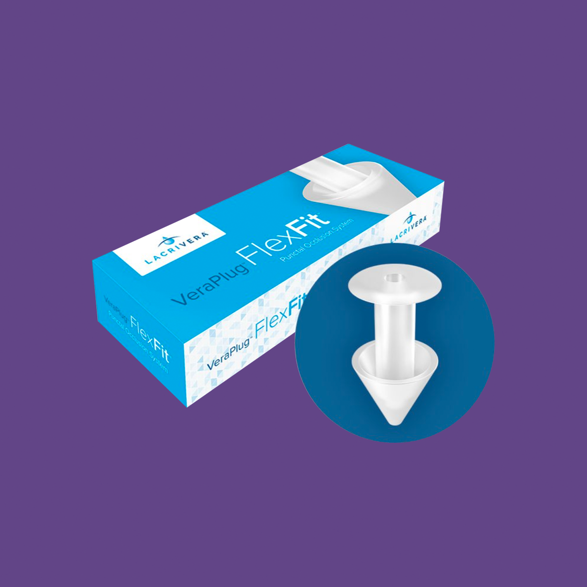 A blue box labeled Lacrivera VeraPlug FlexFit Sterile Pre-loaded Punctal Occluders - 1 Pair Box appears on a purple background. Beside it, a close-up of a white silicone cone-shaped item resembles a small plug or medical device for optimal patient comfort.