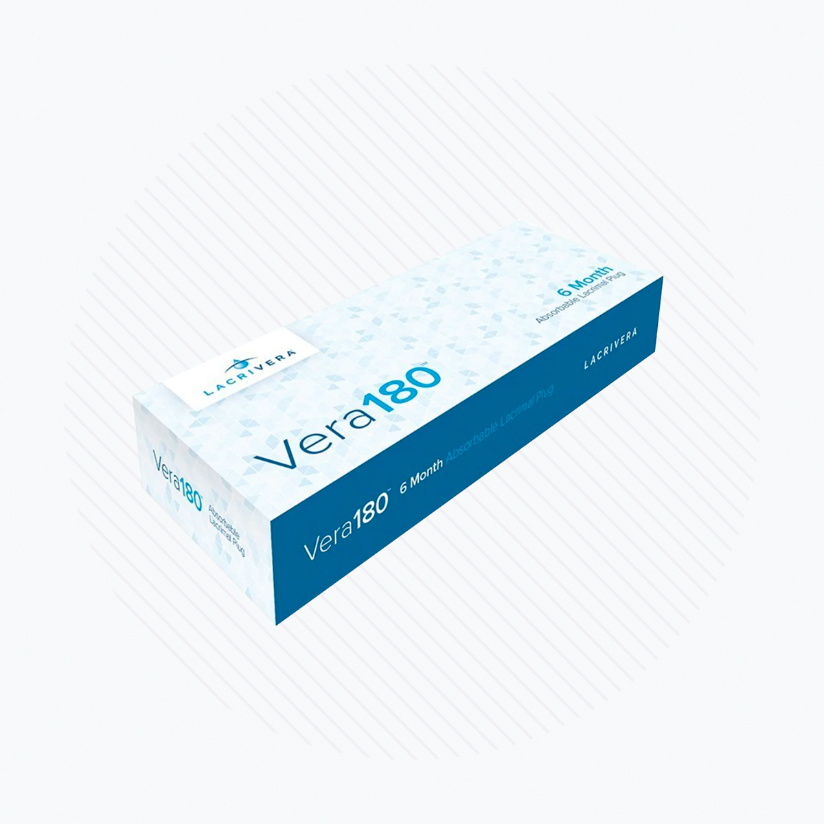 The image shows a rectangular box labeled Vera180™ from Lacrivera. The white box with blue text and small blue patterns states 6 Month, indicating its use for Vera180 synthetic absorbable lacrimal plugs, ideal for dry eye treatment.