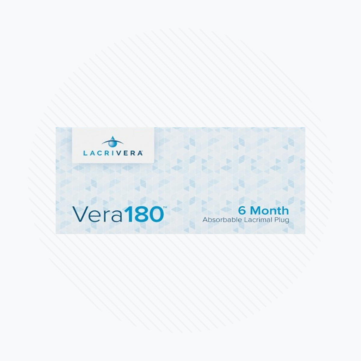 The Lacrivera Vera180 synthetic absorbable lacrimal plugs packaging, labeled 180 Day, features a blue geometric pattern on white, emphasizing its use for temporary occlusion with poly-p-dioxanone material.