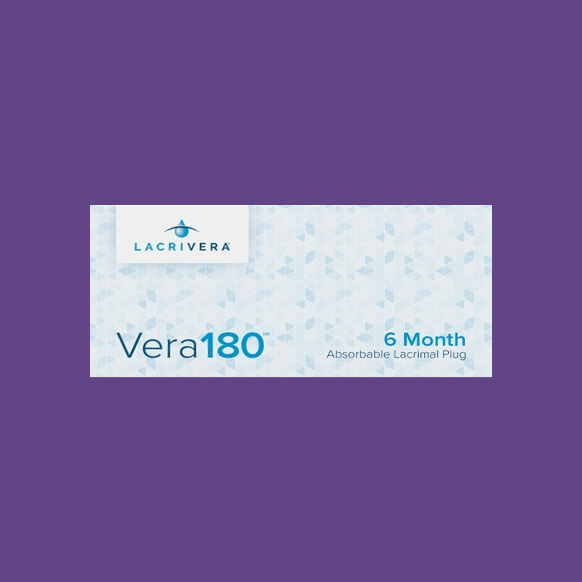 The box showcases a white background with a pale blue geometric pattern, featuring Lacrivera and Vera180 in bold blue text. A purple background highlights its purpose: 6 Month Absorbable Lacrimal Plug, made from poly-p-dioxanone for temporary occlusion.