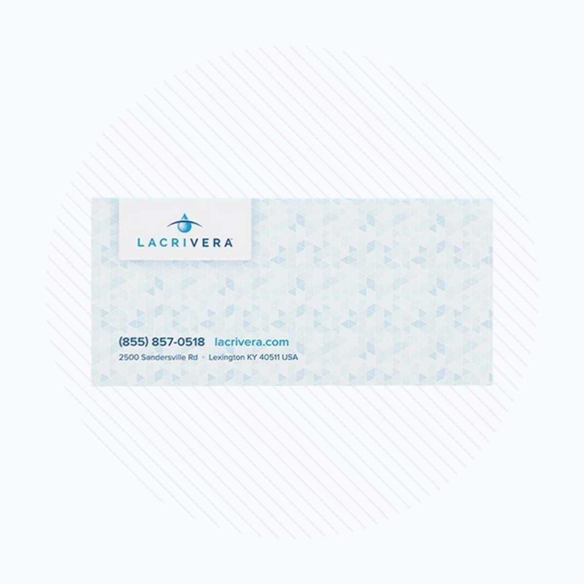 Business card featuring the Lacrivera logo, perfect for dry eye therapy professionals. Includes contact info: phone (855) 857-0518, website lacrivera.com, and address 2500 Sandersville Rd, Lexington, KY 40511. Background adorned with a blue geometric pattern.