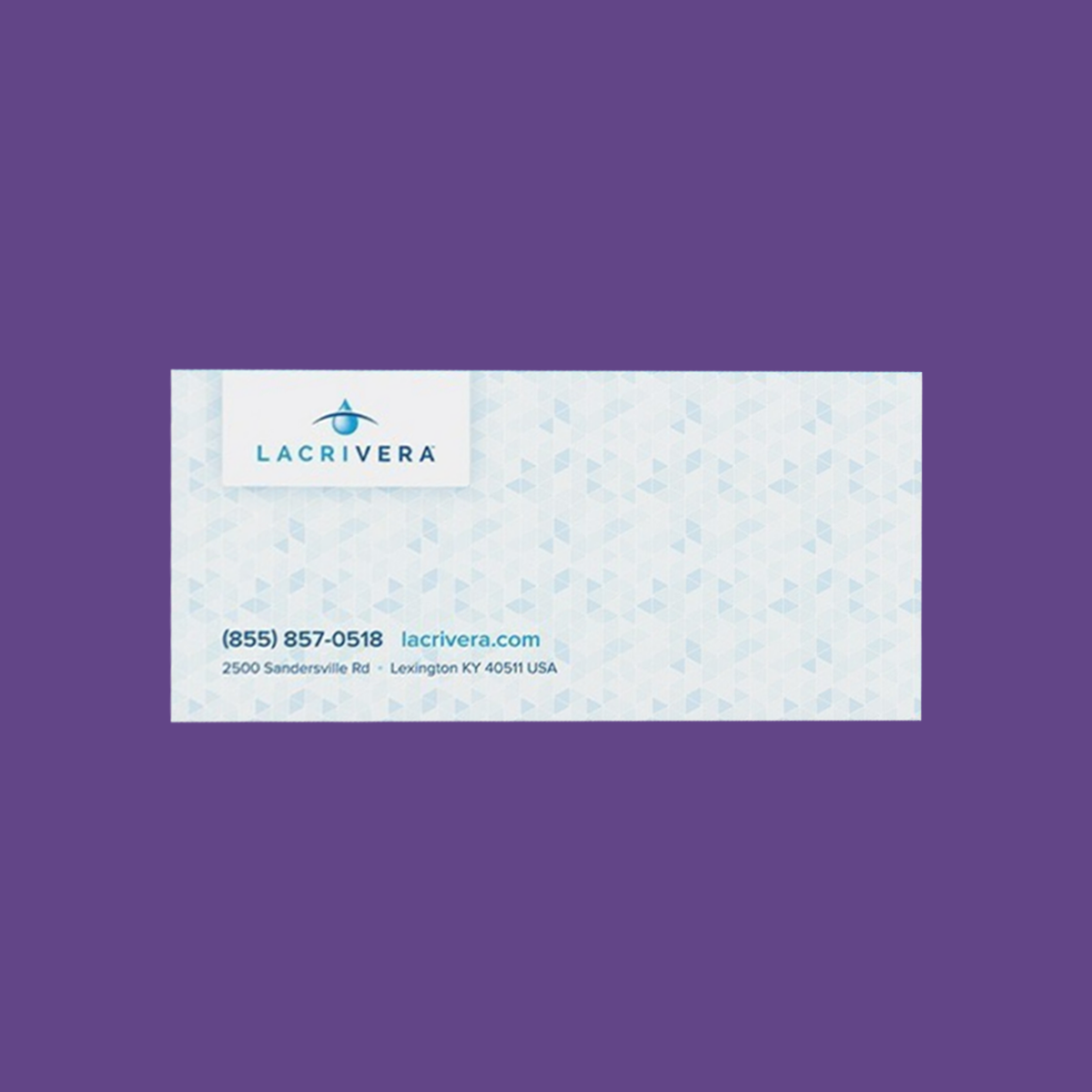 Lacrivera business card on a purple background showcases the logo at the top left, contact details—phone, website, and address—at the bottom. A geometric design emphasizes their proficiency in dry eye therapy with VeraC7 Collagen Plugs 7 day (60 plugs 10 x 6).