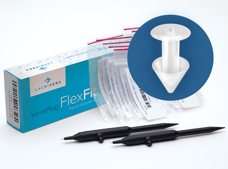 The image showcases a box of Lacrivera VeraPlug FlexFit Non-Sterile Bulk Punctal Occluders, ideal for dry eye management. It includes individually wrapped plugs and two black plastic insertion tools, with a circular inset highlighting a single white plug.