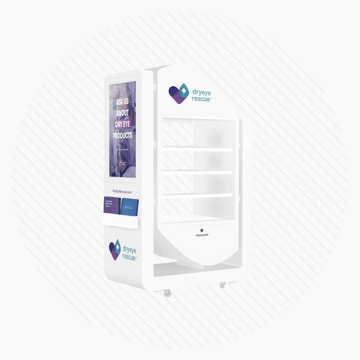 A sleek, large Free Standing Floor Display by DryEye Rescue features a digital screen inviting inquiries about dry eye products. This white machine with transparent shelves and wheels offers both convenience and profit potential under the Free Rent model.