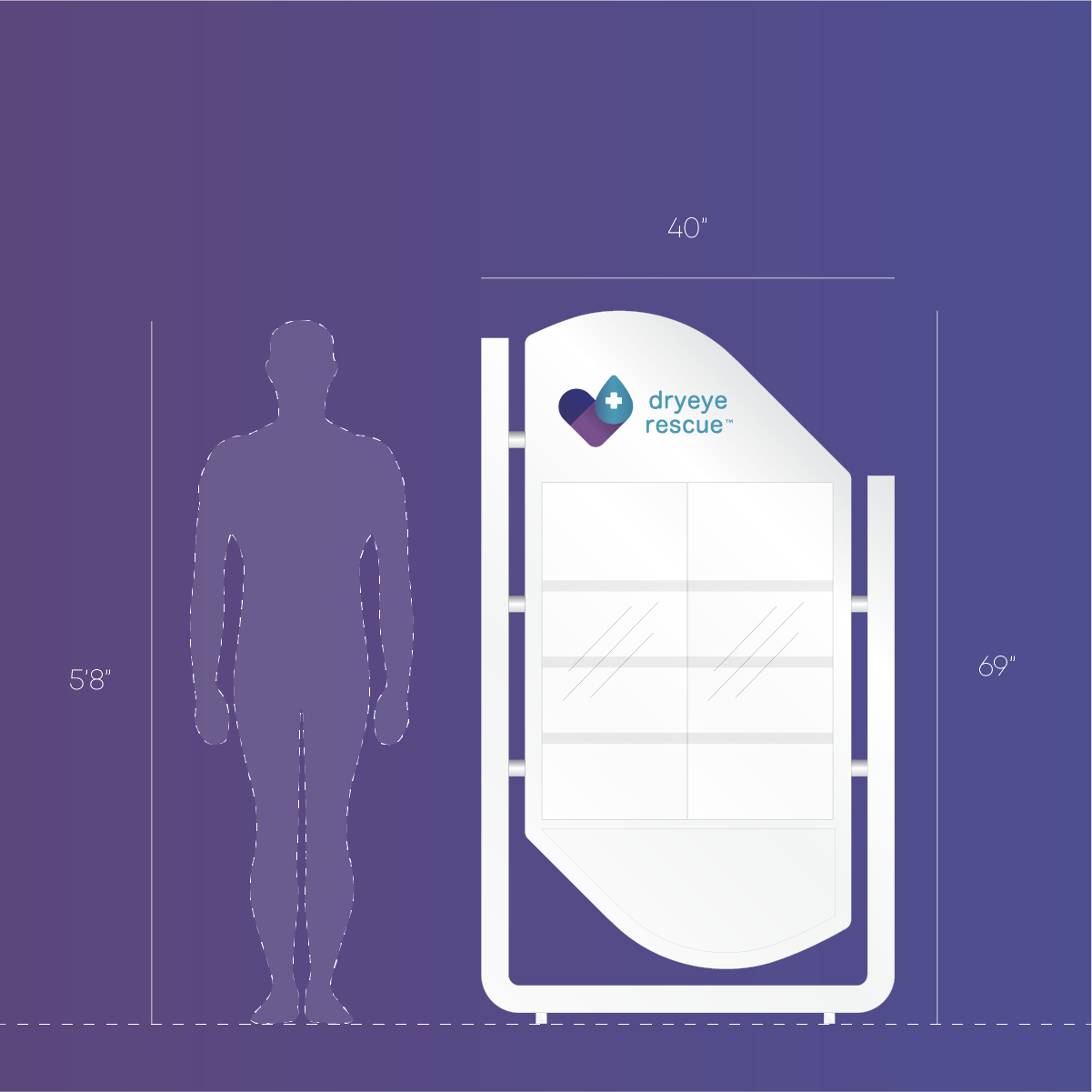 A Free Standing Floor Display Free Rent (Large) by DryEye Rescue features a digital screen beside a human silhouette for scale. The display is 69 inches tall and 40 inches wide, set against a gradient blue-purple background.