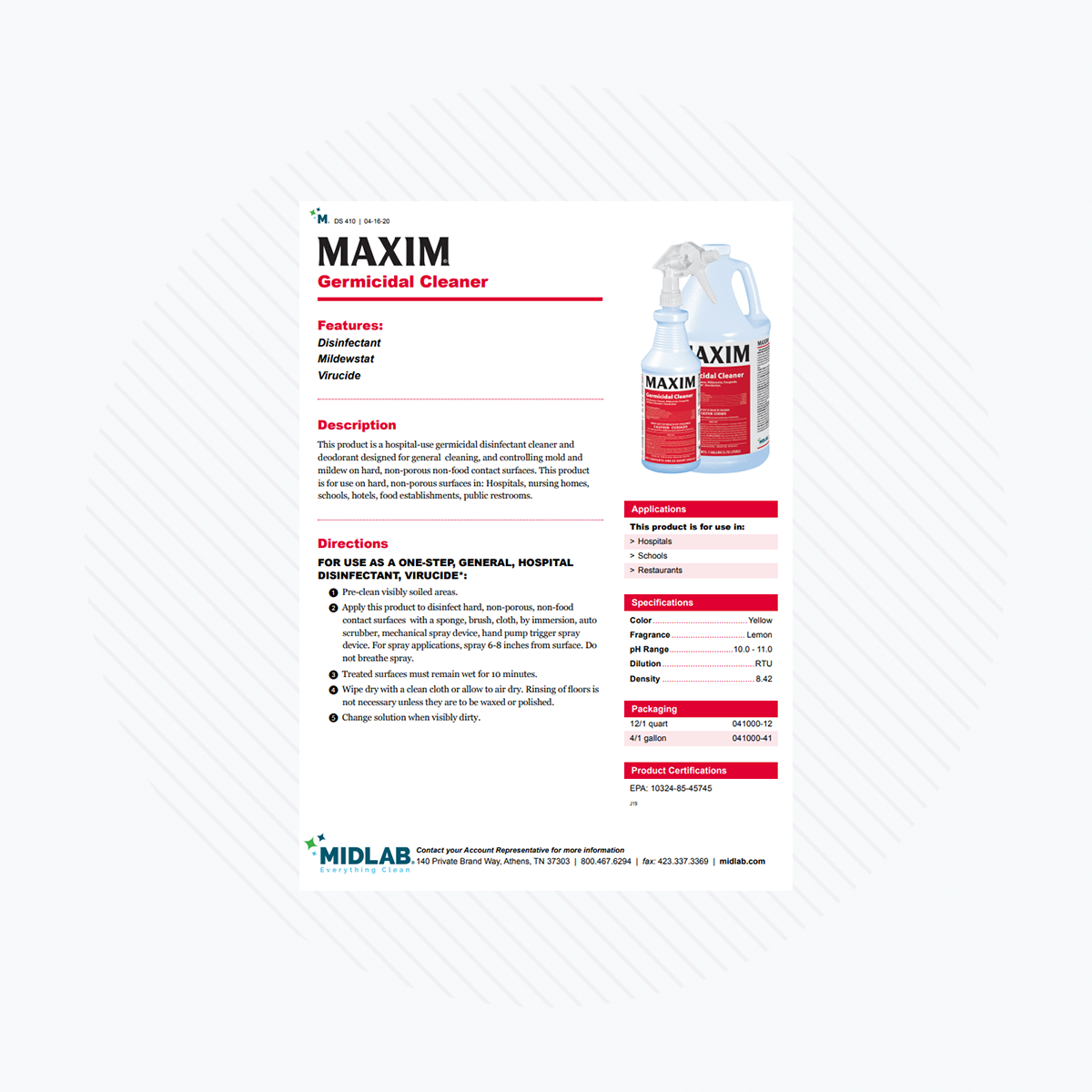 The Maxim Germicidal Cleaner 3-Pack by Midlab serves as an effective hospital-use cleaner and germicidal disinfectant, featuring its uses, directions, specifications, and a bottle image. Company contact details are listed at the bottom of the information sheet.