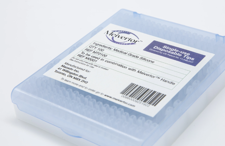 The Meivertor™ transparent box includes 100 single-use, medical-grade silicone tips for eyelid eversion, featuring essential details such as the brand name, quantity, and location in Toronto, ON.