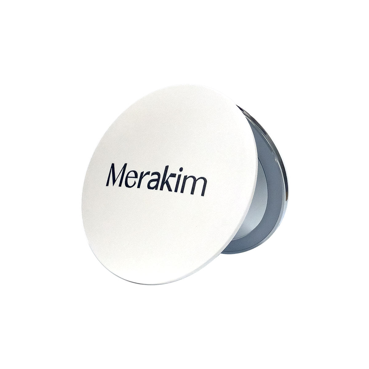 The Merakim Rechargeable LED Makeup Mirror, featuring Merakim on a white lid, offers 1/3X magnification and adjustable light settings for detailed touch-ups while being portable and eco-friendly.