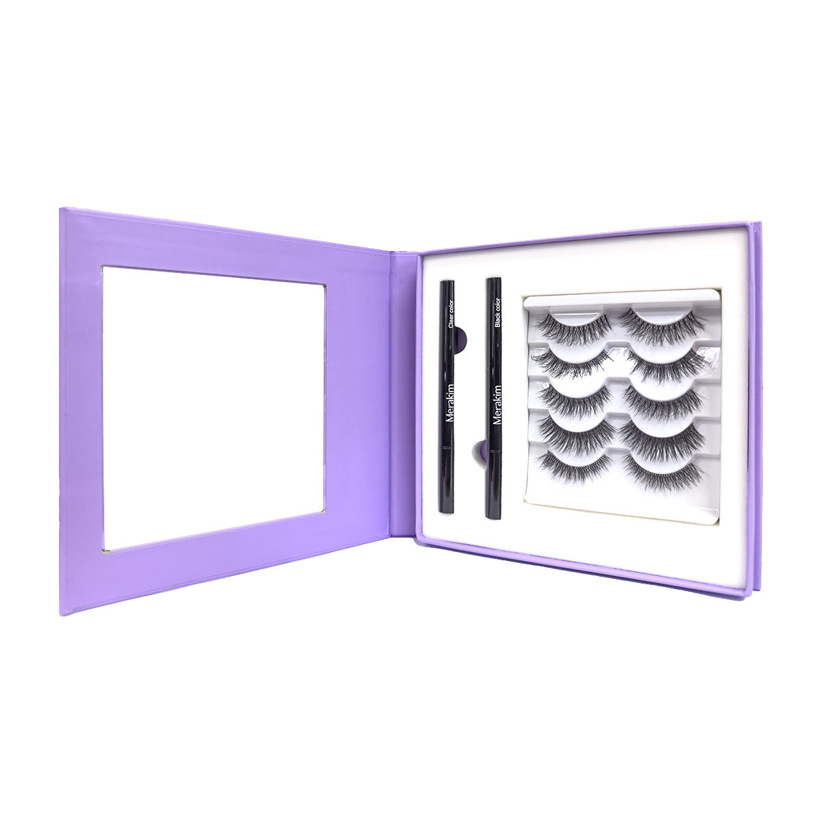 The Merakim Eyes on Beauty Lashes Kit includes five pairs of faux mink lashes and two magnetic eyeliners in an elegant, minimalist open purple box featuring a clear window or mirror on the left.