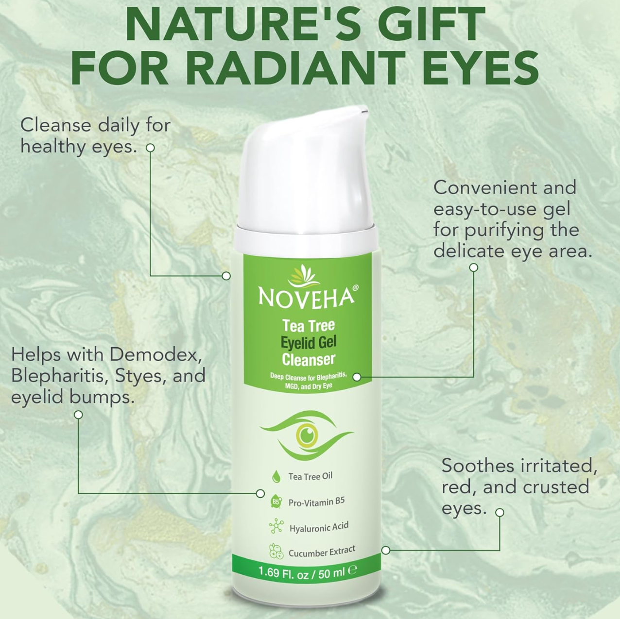 Noveha Tea Tree Eyelid Gel Cleanser for Blepharitis, MGD and Dry Eyes (50mL)