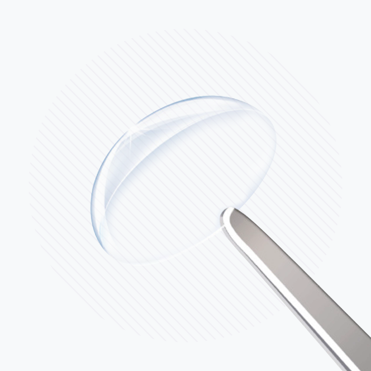 The Oasis Collagen Shield, a transparent contact lens enhanced with bovine collagen, sits on a metallic applicator against a white background. It subtly reflects light, highlighting its smooth, curved design.