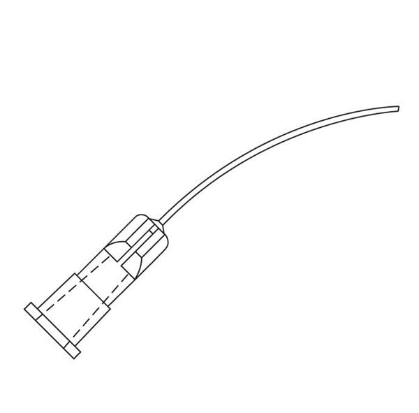 Illustration of the Oasis Curved Cannula for Lacrimal Irrigation 26g by Oasis Medical, showing a sterile, curved needle with an open end attached to a syringe hub, depicted in black and white to emphasize its slender and elongated design.