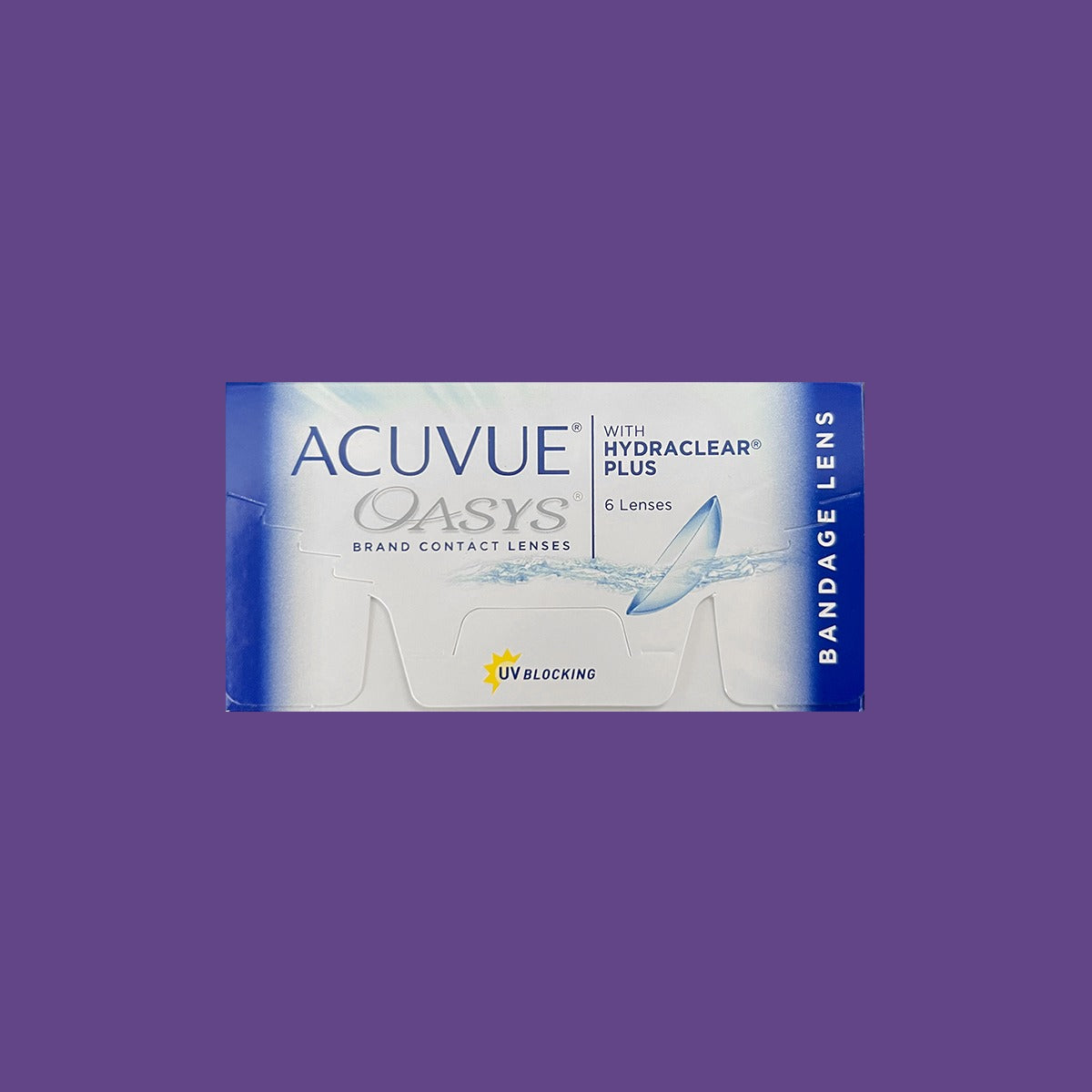 The Johnson and Johnson Acuvue Oasis Bandage Contact Lenses 8.8 BC (6-Pack) are therapeutic, UV-blocking lenses designed with a soothing blue and white package.