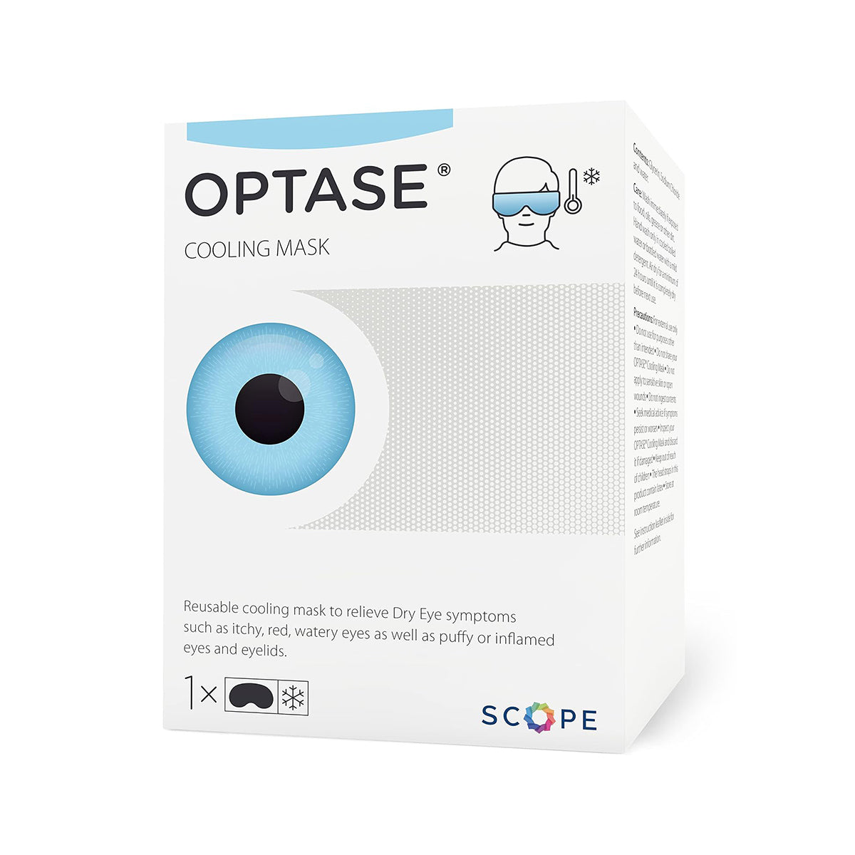 The image shows a white Optase Cooling Mask for Allergies and Puffy Eyes (Re-Usable) box with a blue eye drawing and cooling therapy icons, offering relief from dryness, redness, and puffiness.