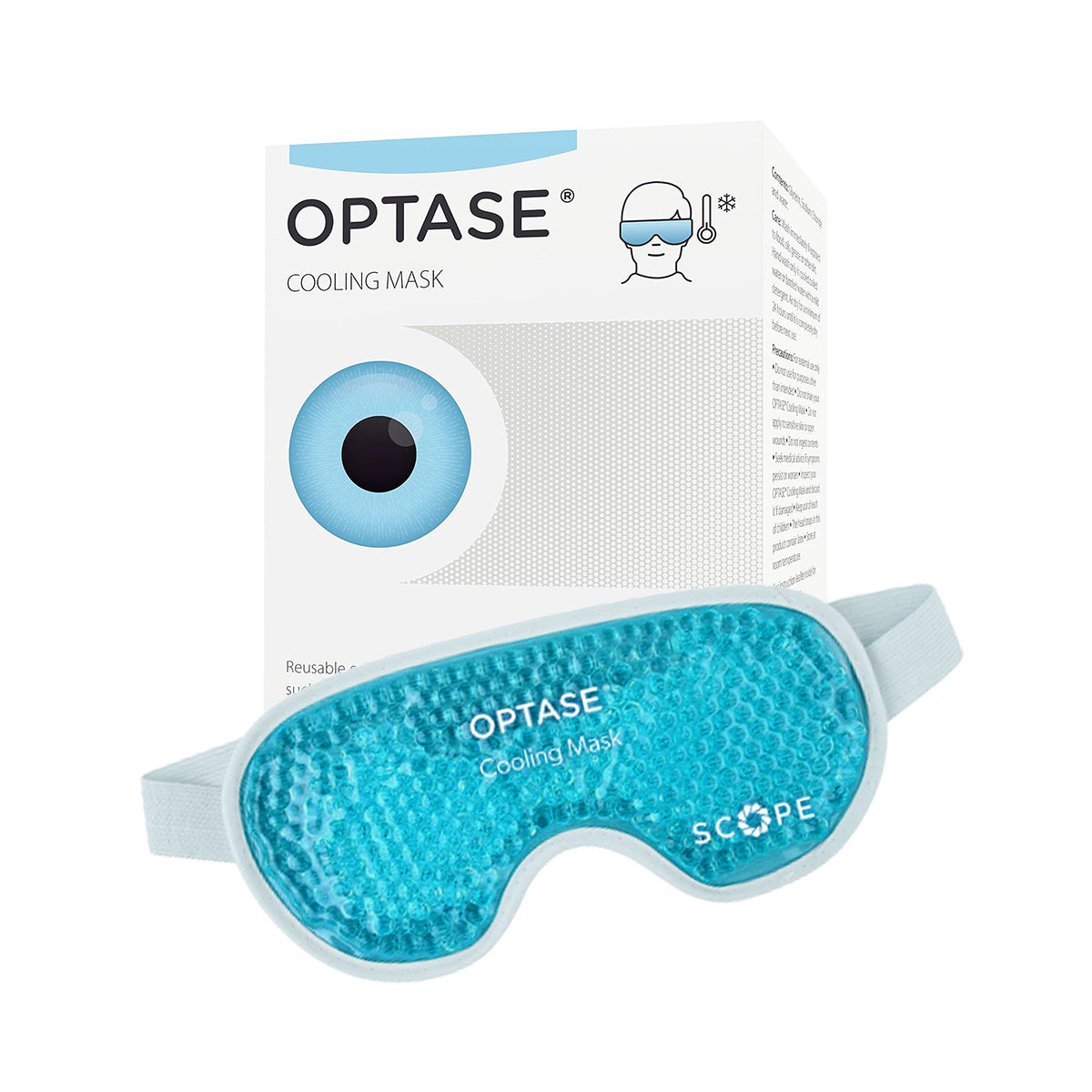 The Optase Cooling Mask for Allergies and Puffy Eyes, featuring soothing blue gel beads, is showcased in front of its packaging box with an eye illustration and product details. This reusable mask offers relief for dry eyes and relaxation.