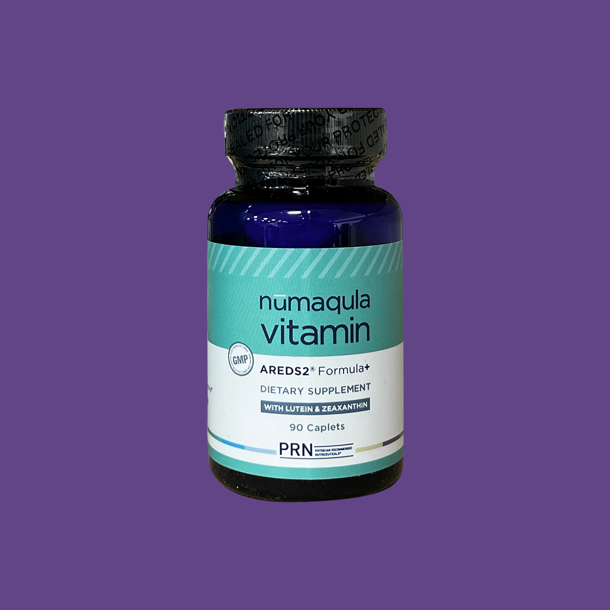 A dark blue bottle labeled PRN nūmaqula Vitamin with an enhanced AREDS2 formula for ocular health, highlighted by ingredients like lutein, zeaxanthin, and B-complex vitamins, is set against a solid purple background. It contains 90 caplets and offers advanced macular support.