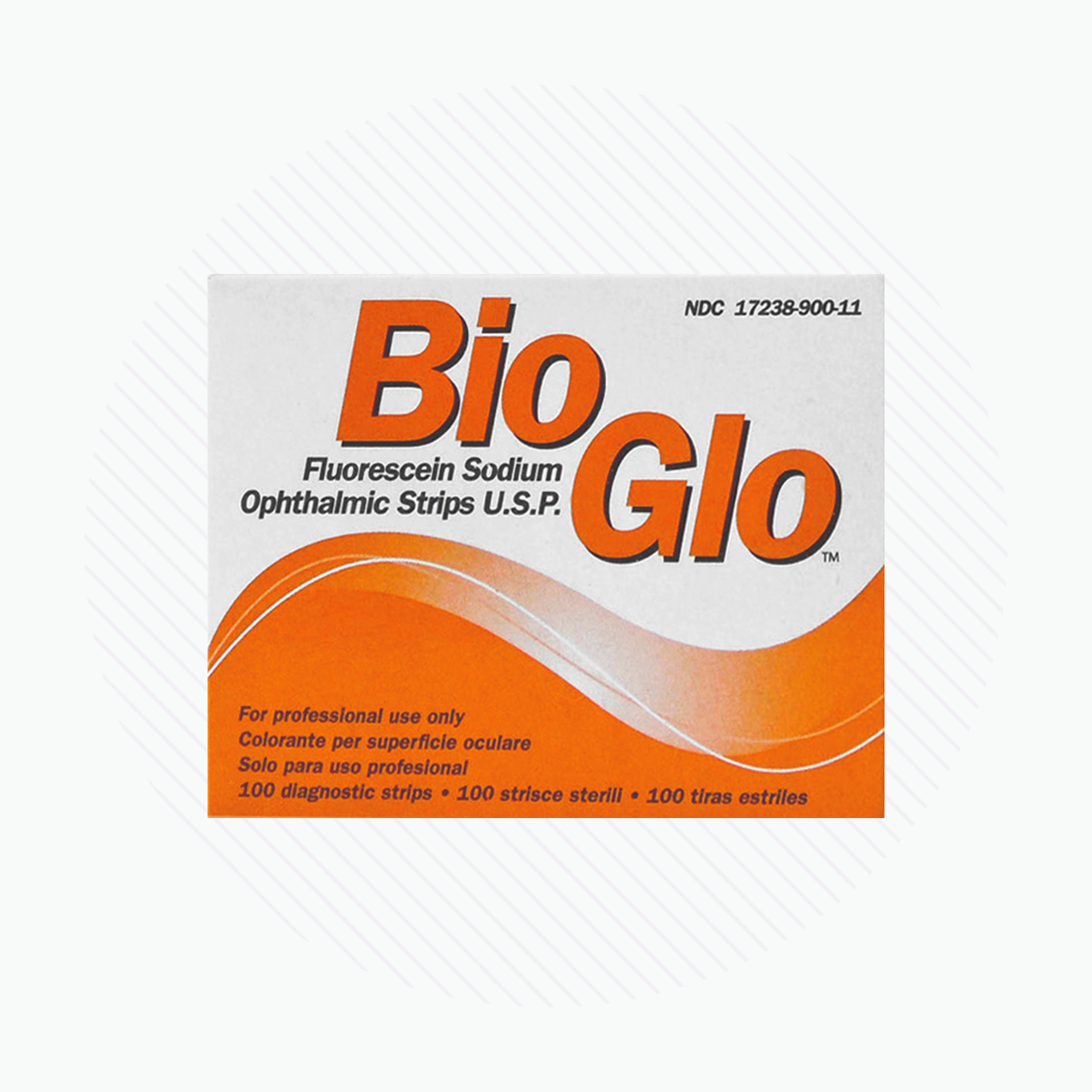 Image of a HUB Pharmaceuticals Bio Glo Fluorescein Strips (100) pack box, featuring diagnostic strips with fluorescein sodium ophthalmic U.S.P., ideal for corneal abrasion detection. The white box has orange text/design, is labeled for professional use only, and includes multilingual product details.