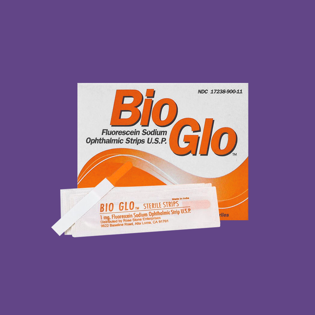 The packaging of Bio Glo Fluorescein Strips (100) pack by HUB Pharmaceuticals, excellent for diagnosing corneal abrasions, shows a white strip packet against a solid purple background.