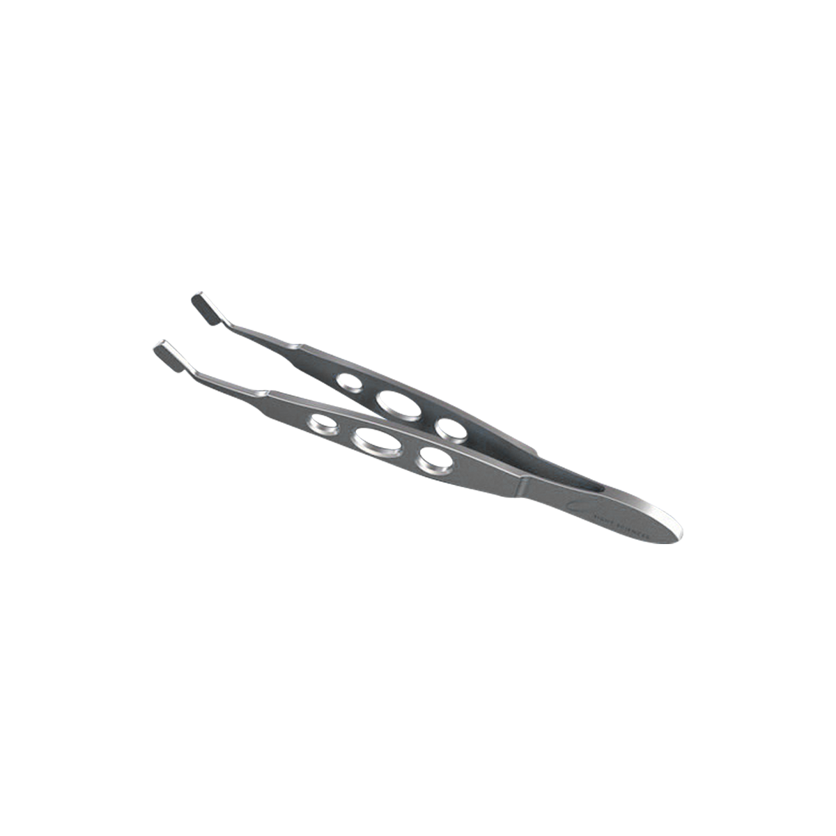 Oasis Medicals Dry Eye Forceps are precision grooved forceps with an ergonomic design, featuring handle holes for improved grip and angled tips, complete with a sleek, shiny finish. Displayed on a white background.