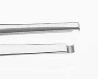 Close-up of Prokera Lens Forceps by BioTissue, showcasing uniquely shaped silver-toned tips; the top arm has a small groove, and the bottom is flat, set against a plain white background.