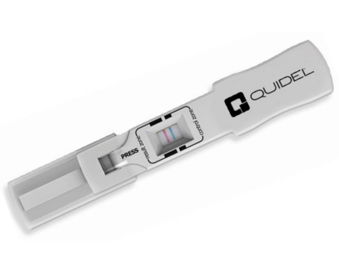 The Quidel QuickVue AdenoViral Conjunctivitis Test, designed for CLIA-waived point-of-care use, is a white rectangular device with a Press slider and digital screen displaying results. Ideal for diagnosing adenoviral conjunctivitis such as pink eye, it features the Quidel logo on the handle.