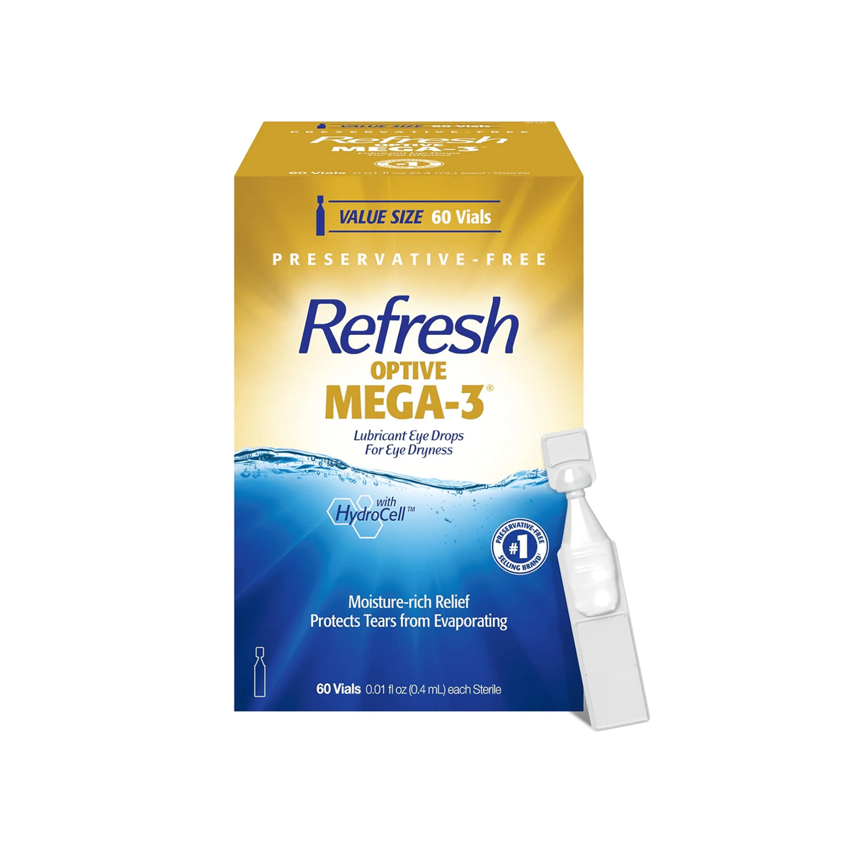 Refresh Optive MEGA-3 Lubricant Eye Drops Preservative-Free Artificial Tears (0.4 mL), 60 Single-Use Container Vials