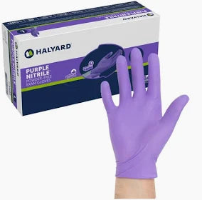 A hand in a purple glove is displayed before a box labeled Vision Rescue Pro Exam Gloves. The powder-free packaging features a colorful indigo design with an image of the glove.