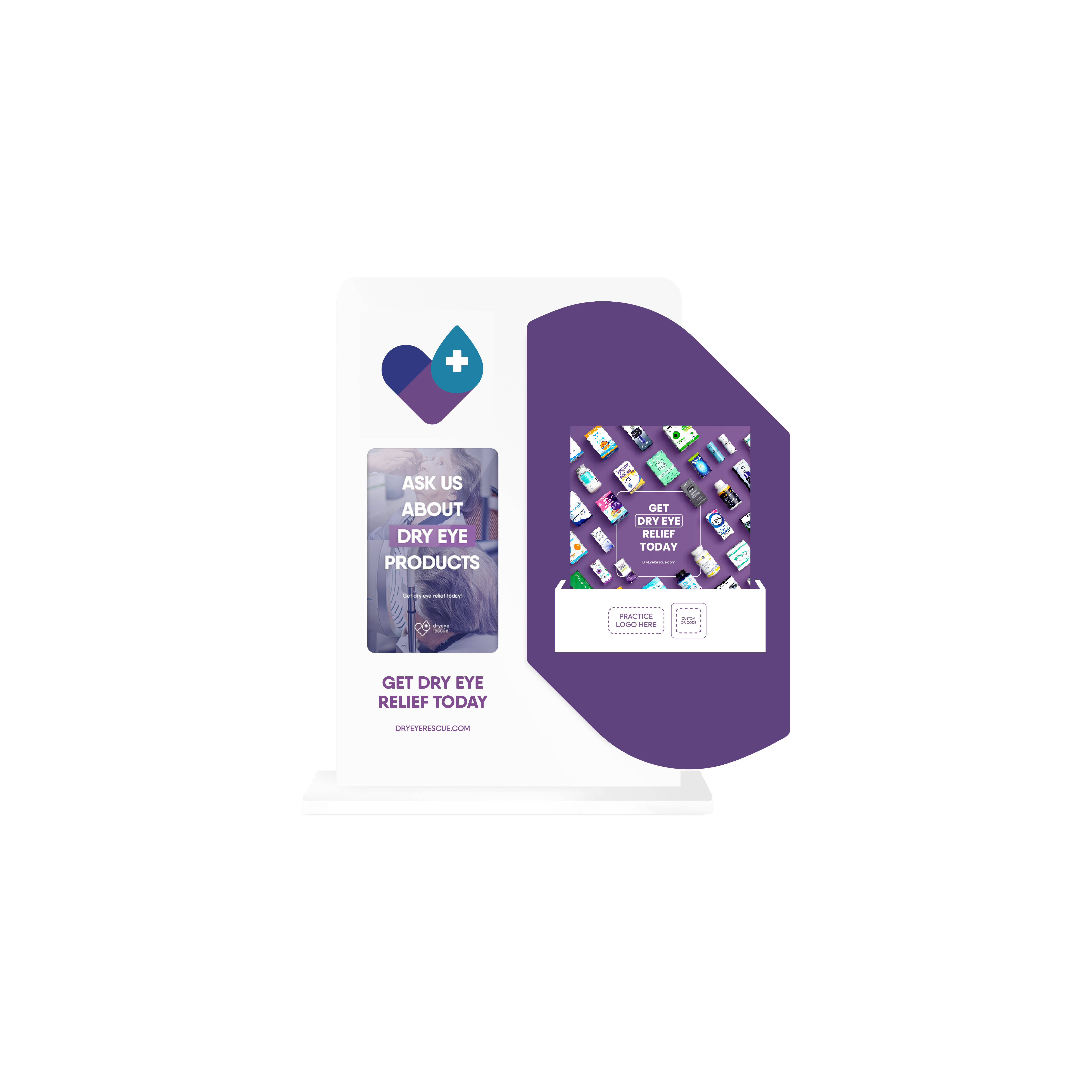 DryEye Rescues Small Counter Display Conversation Starter features an eye-catching sign, Ask Us About Dry Eye Products and Get Dry Eye Relief Today, alongside a purple pamphlet with images and a call to action, sparking discussions on dry eye products.