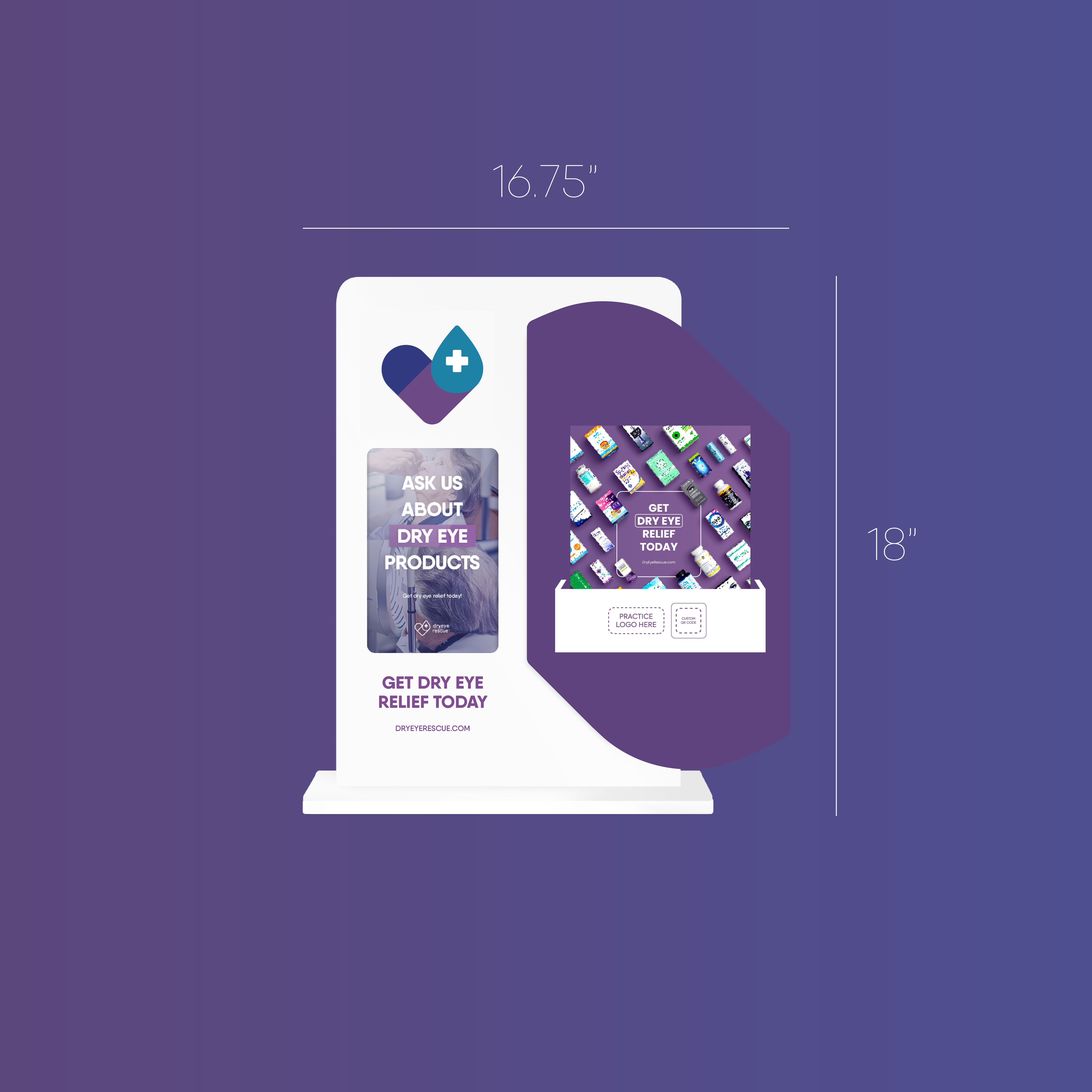 The Small Counter Display Conversation Starter by DryEye Rescue is perfect for in-office sales. It features eye care ads, a geometric heart, and product images on a purple gradient background with text inviting customers to ask about dry eye relief. Dimensions: 16.75 wide by 18 tall.