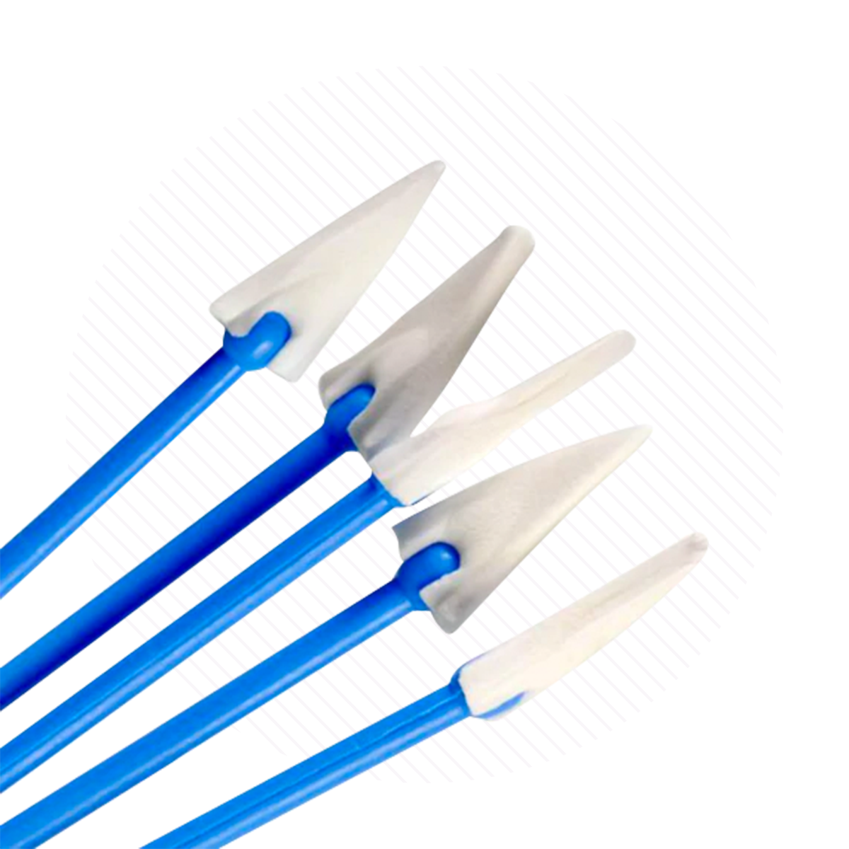 Five Oasis SOFT CELL PVA Surgical Amniotic Membrane Spears from Oasis Medical, with blue handles and white, arrowhead-shaped tips, are fanned out against a light-striped background, ideal for precision tasks like LASIK procedures.