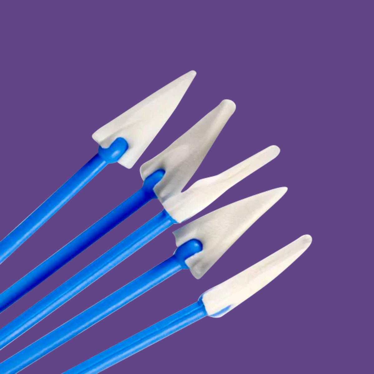 Five Oasis SOFT CELL PVA Surgical Amniotic Membrane Spears, featuring blue high-density sticks with white pointed tips, fan out against a solid purple backdrop.