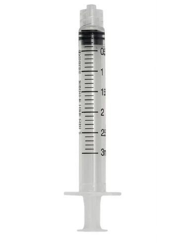 The Oasis Dry Eye Syringe and Curved Cannula Kit by Oasis Medical includes a sterile, needle-free 3ml syringe with black markings, rubber stopper, straight barrel, and plunger at the end, ideal for lacrimal irrigation.