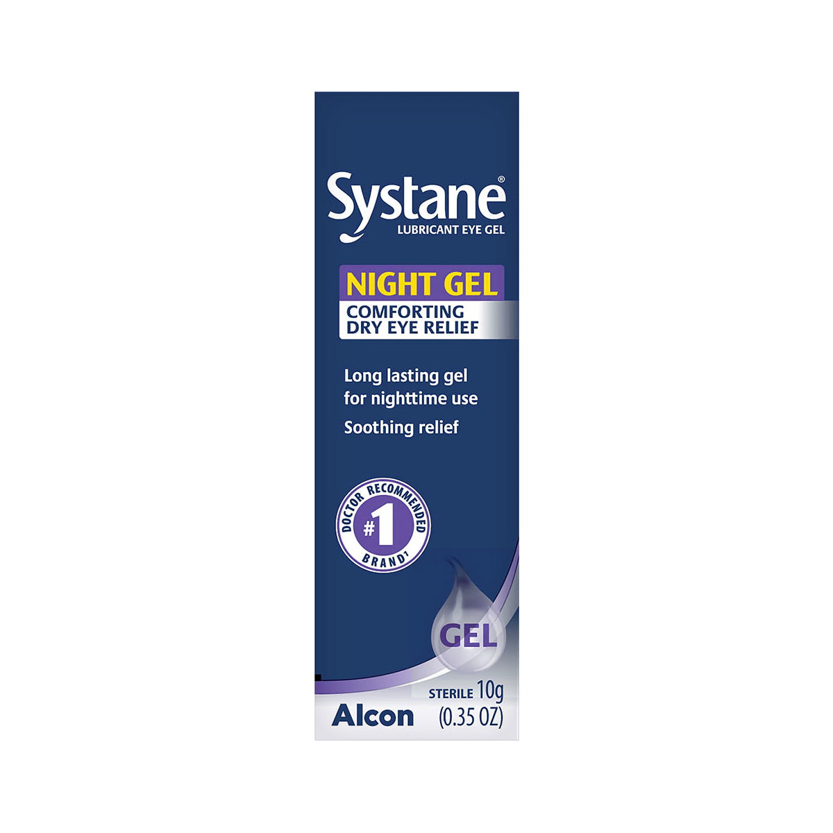 Systane Night Gel by Alcon provides nighttime dry eye relief in a 10g (0.35oz) tube, featuring Soothing relief and is a Doctor recommended brand for long-lasting comfort. The blue and white packaging highlights its use for comforting dry eyes at night.