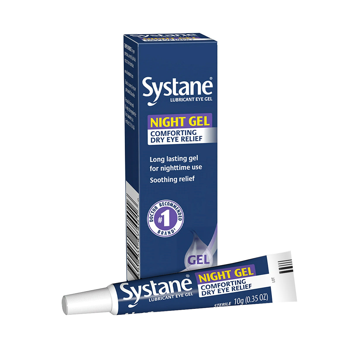 The Systane Night Gel by Alcon, in blue packaging with yellow accents, offers comforting dry eye relief and long-lasting relief for nighttime dry eye protection. The 10g (0.35 oz) tube ensures soothing comfort.