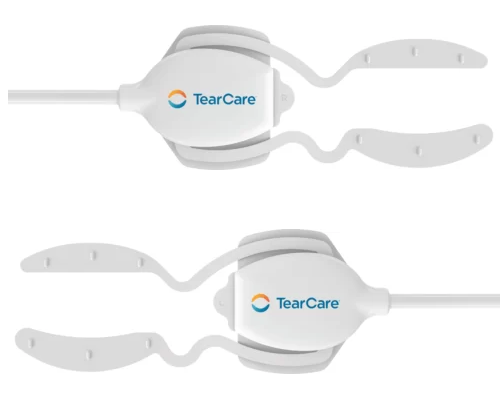 The image features two TearCare SmartLids Replacements from Sight Sciences, each with curved, flexible arms. Displaying the TearCare logo, theyre expertly designed for meibomian gland dysfunction treatment and are shown vertically against a plain background.