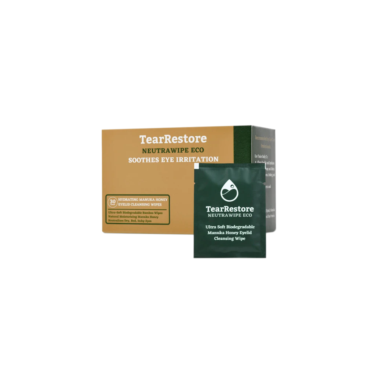 TearRestore NeutraWipe Eco Manuka Honey Eyelid Wipes | Ultra-Soft Biodegradable Eyelash Cleanser For Blepharitis & Dry, Itchy, Swollen, Irritated Eyes (30 Count)