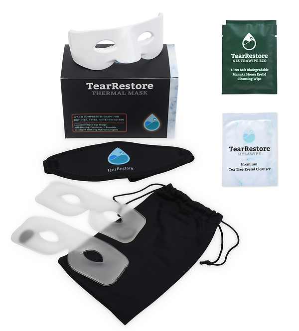 The image showcases the TearRestore Premium Kit, ideal for sensitive eyes. It includes a white thermal mask, a black sleep mask, two heat packs, a drawstring pouch, and TearRestore packets with HylaWipes or NeutraWipes (30ct), along with Manuka Honey Eyelid Cleansing wipes and bamboo towelettes.