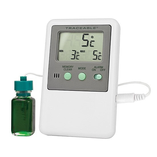 The Traceable Refrigerator/Freezer Thermometer (In-Office Use) has a white casing, displays 5°C on an LCD screen, and connects via a white cable to a green vial. It includes buttons for memory, mode, and a programmable alarm.