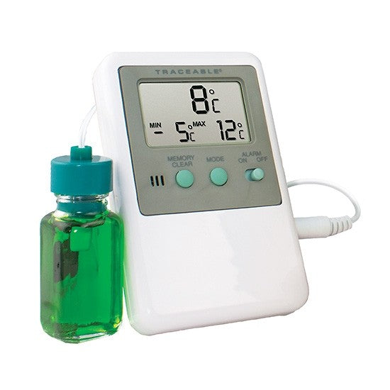 The Traceable Refrigerator/Freezer Thermometer features a temperature-buffered sensor with a probe connected to a small bottle of green liquid, displaying 8°C and recording temps from 5°C to 12°C for precise monitoring. Ideal for in-office use.